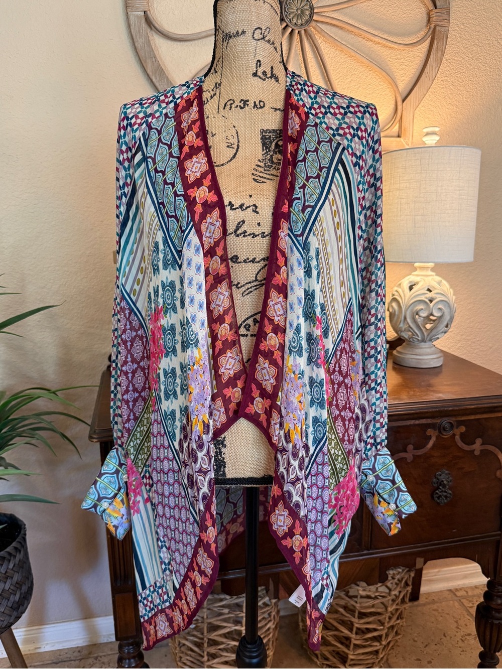 Coldwater Creek Boho Patchwork Open Front Kimono Cardigan - Multicolor
